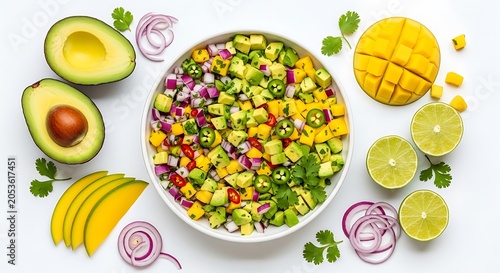 Fresh mango avocado salsa in a white bowl with sliced fruit ingredients arranged on a kitchen table surface. avocado mango salsa