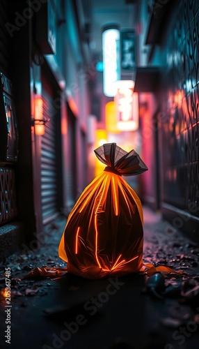 Glowing trash in a cyberpunk alley A tied black bag, a beacon of discarded futures ,  future refuse,  refuse