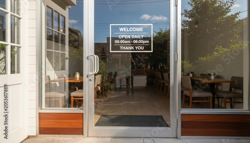 Welcome sign on the glass door of a modern cafe or restaurant with outdoor seating visible.