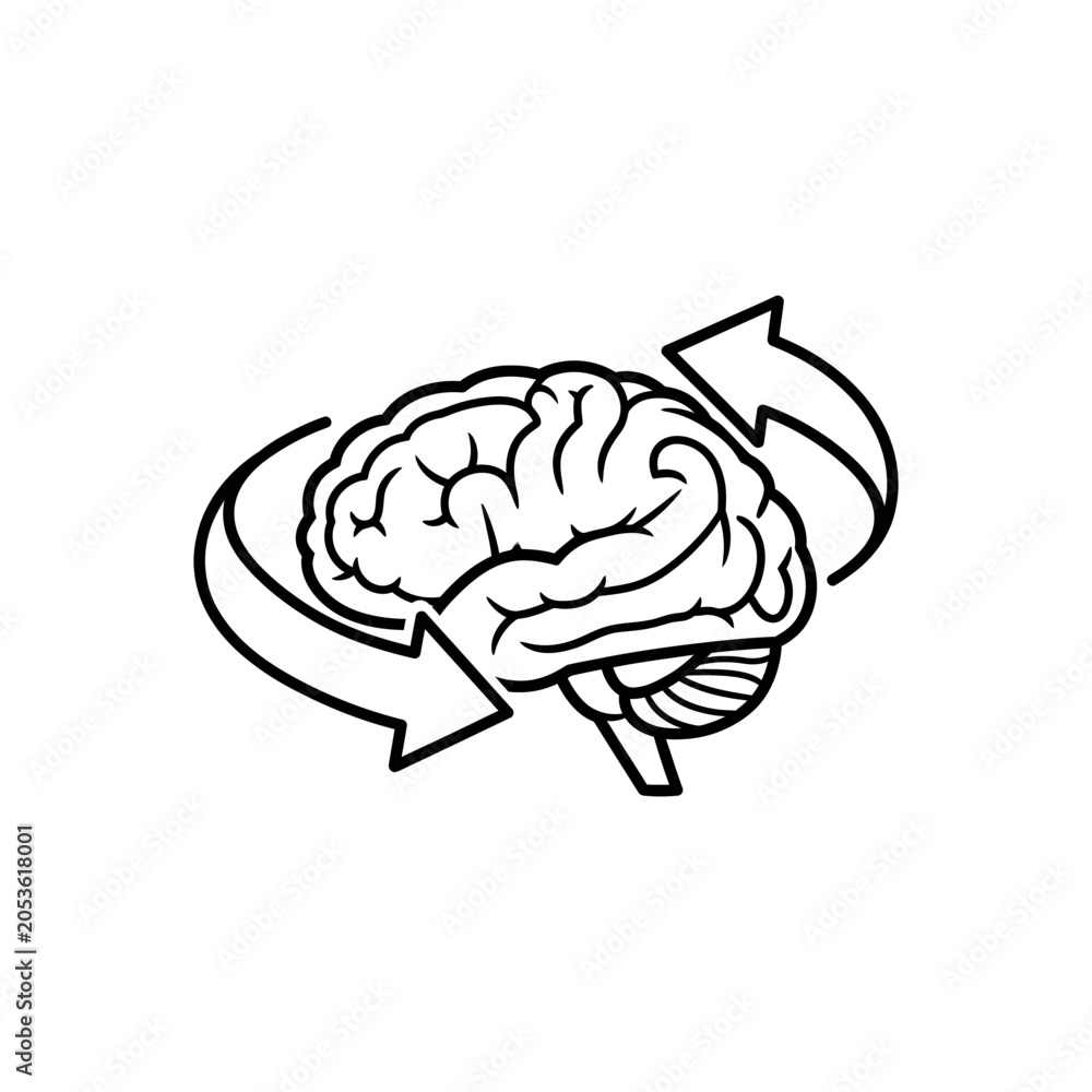 Fototapeta premium Brain surrounded by circular arrows illustrates the process of cognitive development, mental agility, and the cycle of continuous learning.