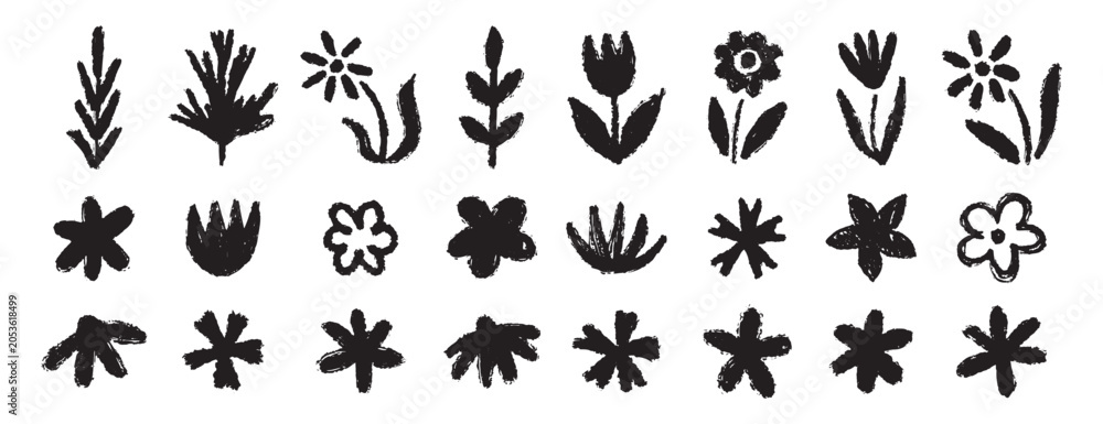 Fototapeta premium Grunge trendy doodle flowers leaves set. Hand drawn brush flowers crayon, chalk texture. Flowers textured collection