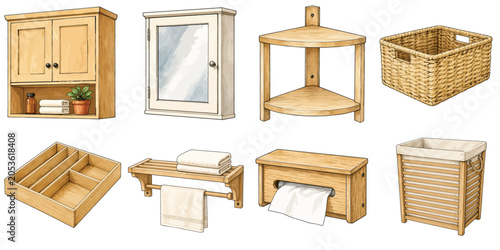 Bathroom Storage Collection with Wall Cabinet Medicine Cabinet Shelf Basket Organizer Tissue Holder and Laundry Hamper