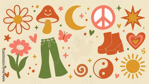 Bohemian festival style, hippie artistic elements, vintage retro icons, spiritual peace pattern, mystical moon symbols, groovy flower motifs, cosmic wonder graphics, eclectic soul design
bohemian, boh
