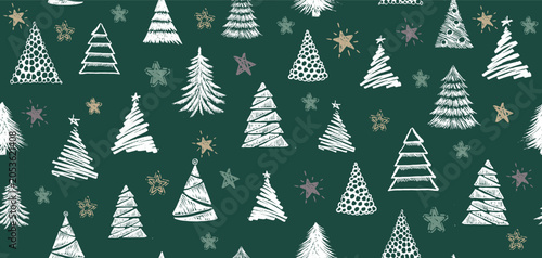 Hand-Drawn Christmas Tree pattern on green	
