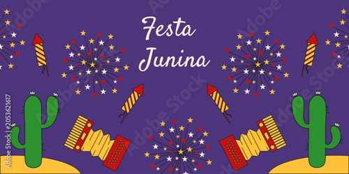 Festa Junina holiday horizontal Banner. Vector fireworks firecracks and holiday message. Perfect colored brazilian congratulate poster design. EPS 10