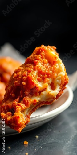 Perfectly fried chicken wing, bite taken, in mouth-watering detail, food photography,  gourmet