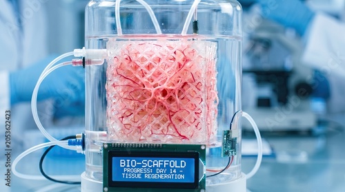 A bio-scaffold inside a bioreactor shows tissue regeneration progress on day 14 in a lab, symbolizing advanced biotechnology and regenerative medicine research.