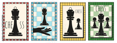 Chess poster cover set with trendy Amalfi Italian checkered background. Vector Chess card cover collection with colored Chessboard backdrop. Modern room interior poster design. EPS 10 Editable stroke