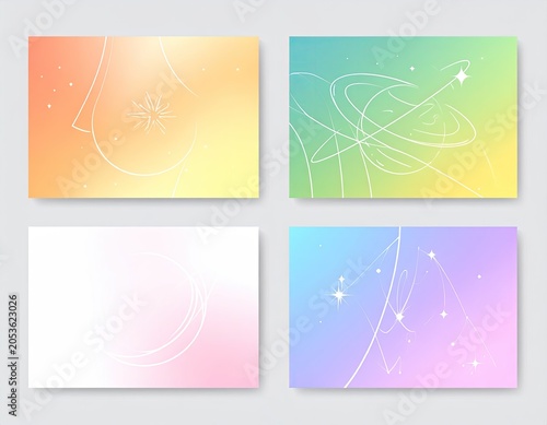 Four abstract gradient backgrounds, each with delicate white line art, and hints of stars