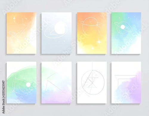 Eight pastel-toned abstract art pieces featuring watercolor washes and celestial-themed line drawings