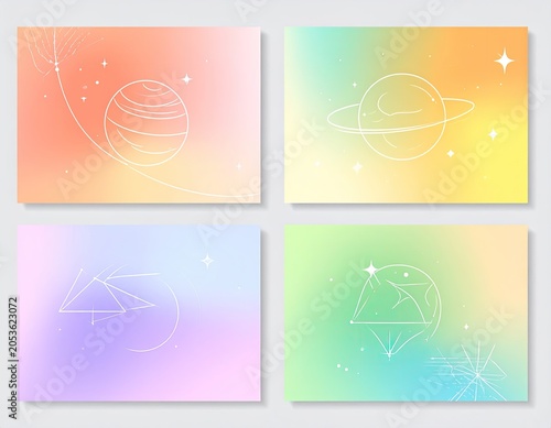 Pastel space-themed illustrations with white outlines planets, geometric shapes, and stars