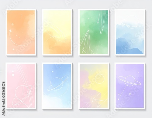 Eight artistic watercolor-style prints featuring vibrant pastel backgrounds, ethereal designs