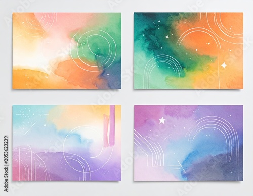 Four watercolor paintings with varying colors and abstract geometric shapes
