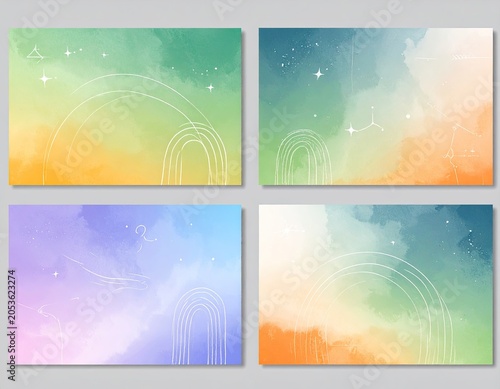 Four colorful watercolor backgrounds with abstract arcs, stars, and celestial design elements