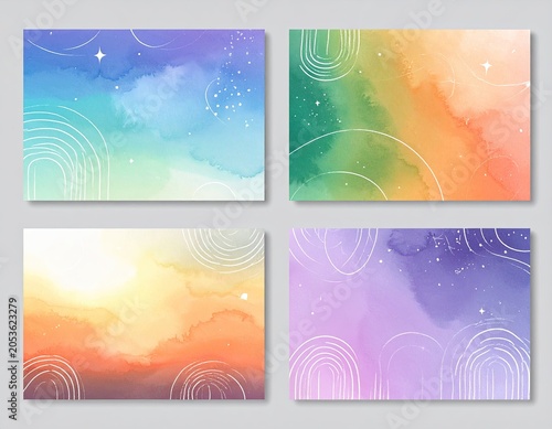 Four watercolor background designs with ethereal washes, star details, and white arched lines