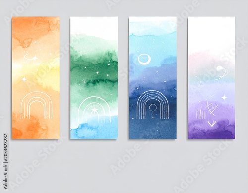 Four vertical watercolor designs with rainbow, stars, & celestial motifs in vibrant hues