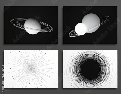 Four minimalist illustrations featuring planetary bodies and abstract geometric designs