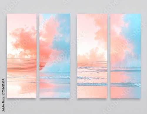 Four-panel serene artwork featuring a beach scene with pastel sky reflections