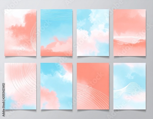 Collection of eight abstract digital art pieces with soft watercolor textures and light effects