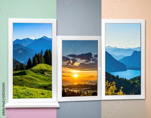 Three window frames display serene mountain and lake vistas under varied lighting