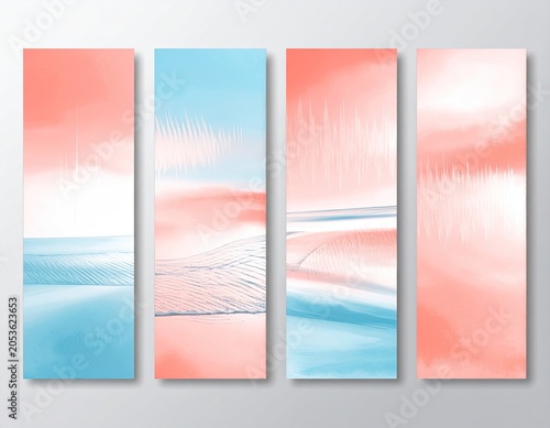 Four vertical abstract art panels in coral and blue watercolor hues