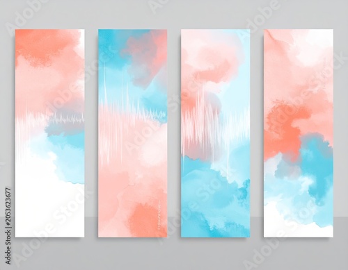 Four vertical banners featuring abstract watercolor textures in shades of coral, blue, and white