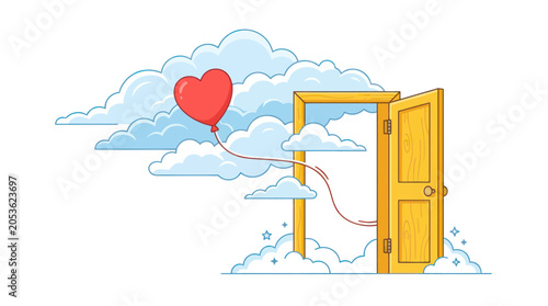 Cuadro en lienzo Open Door to Sky with Heart Balloon and Clouds