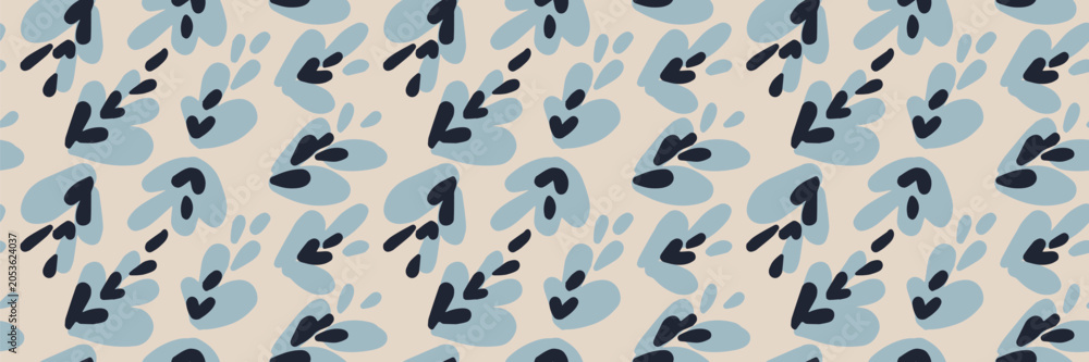 Fototapeta premium Seamless abstract floral pattern with blue organic leaf shapes on beige background. Modern minimalist texture for fabric, wallpaper, packaging, stationery, and decor