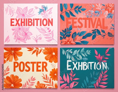 Four vibrant floral posters; each highlighting a word related to an art event