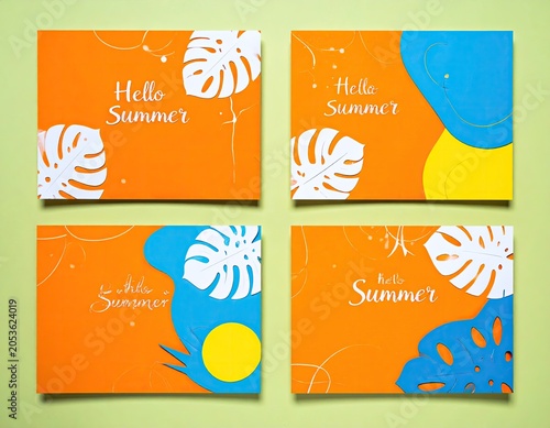 Four colorful, summery greeting cards with leaf and geometric cutouts against orange backgrounds