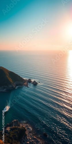 Sun-kissed shores below, a joyful airborne embrace over calm waters, soft hues ascend,  coastal,  son