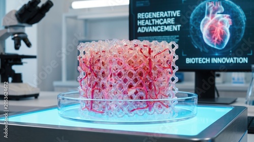 A 3D-printed vascular tissue model is displayed on a petri dish in a laboratory, with a monitor showing regenerative healthcare and biotech innovation concepts.
