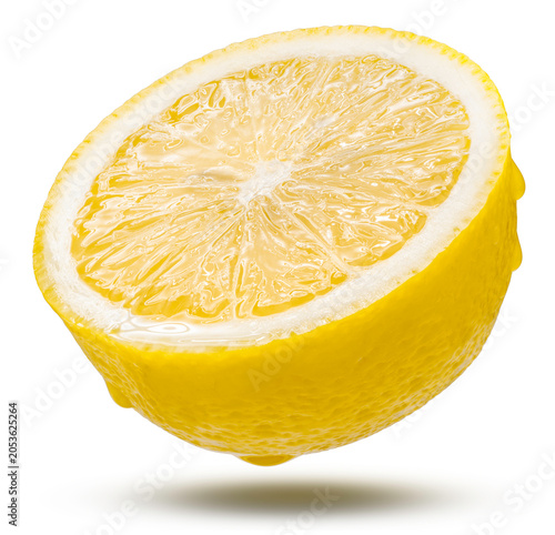 Fotografie Sliced yellow lemon with water droplets isolated on a white background, with clipping path, for beverage marketing, citrus-flavored product branding, and premium food packaging design