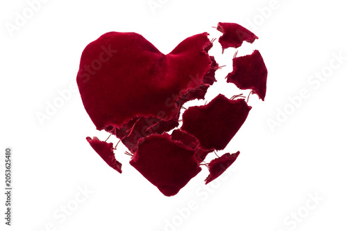 Red Fabric Broken Heart Shape Isolated on White Background