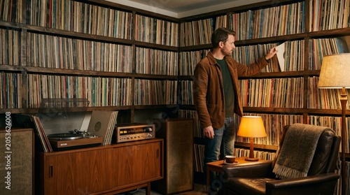 Man Choosing Vinyl Record Among Shelves With Turntable Nearby