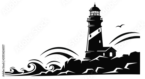 Bild auf Leinwand Black lighthouse on rocky coastline with waves