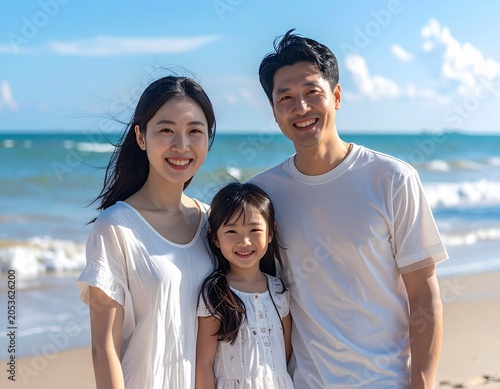 happy Asian family of three standing together on a sandy beach beside the ocean