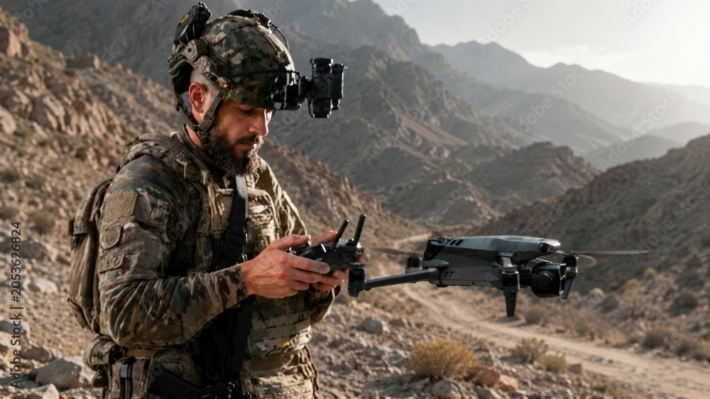 Fototapeta premium Male soldier in camouflage uniform operates a drone in a mountainous terrain, wearing a helmet with camera and tactical gear under natural sunlight