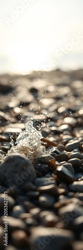 Whispers of sea spray crystallize into a delicate mist, kissing sun-warmed pebbles,  summer,  serene