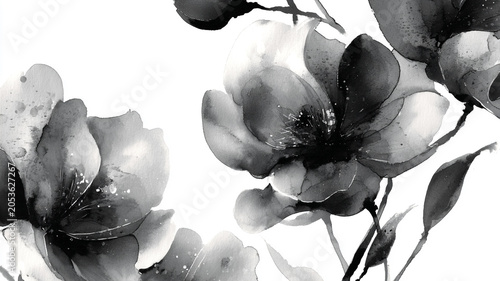black watercolor floral painting with soft ink bleeding edges