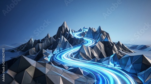 Futuristic Floating Island Mountain with Glowing Neon Light Spirals in Abstract Cyber Space