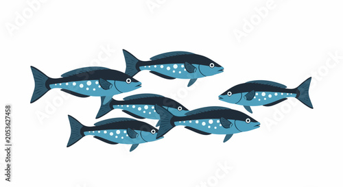 A school of six blue fish with white spots swims together