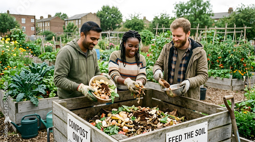 Diverse group adding food scraps to community compost bin in urban garden, sustainability and zero waste community concept
