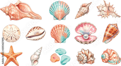 Foto Beautiful Sea Shells and Marine Life Vector Set with Scallop Oyster Pearl Starfi