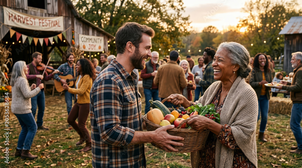 Obraz premium Happy couple holding basket of fresh vegetables and fruits at outdoor autumn harvest festival in warm golden lighting for seasonal marketing