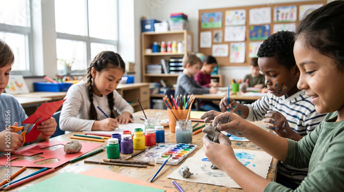 Diverse children crafting in classroom with natural light and colorful art supplies for educational activities