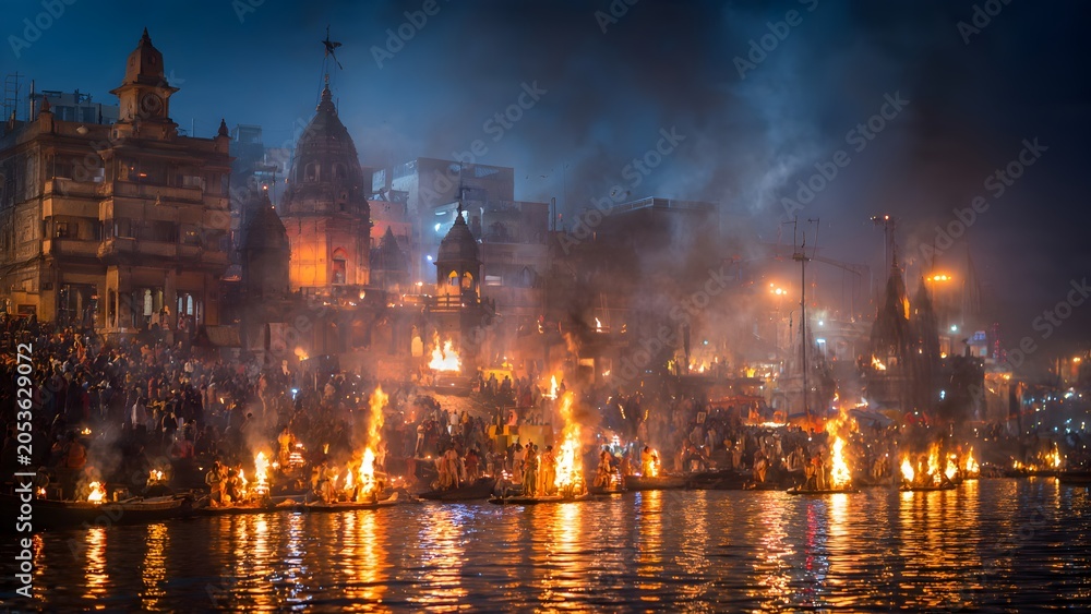 Fototapeta premium Crowded riverbank at night with numerous ceremonial fires burning, reflecting on water, creating a smoky, spiritual atmosphere during a traditional Indian ritual.
