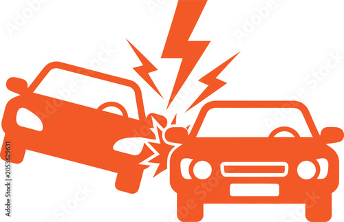 Illustration of two cars colliding with lightning bolt symbolizing accident or sudden impact event