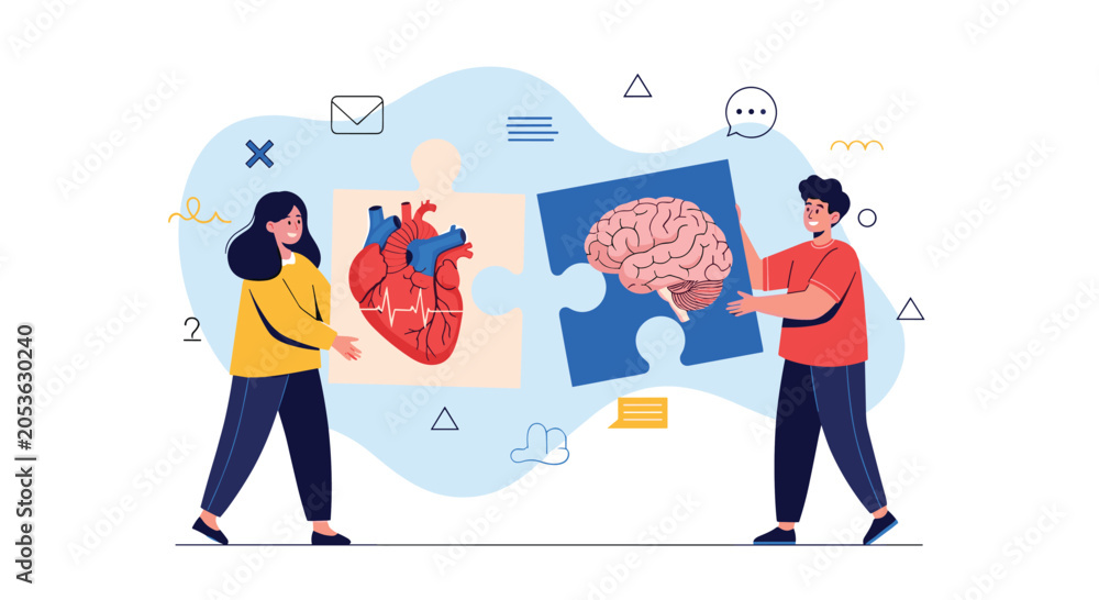 Naklejka premium Diverse people connecting puzzle pieces featuring a human heart and brain to represent the balance of emotion and logic.