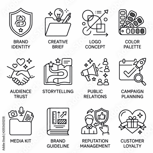 Photos Collection of flat line icons representing various aspects of branding and marketing strategy